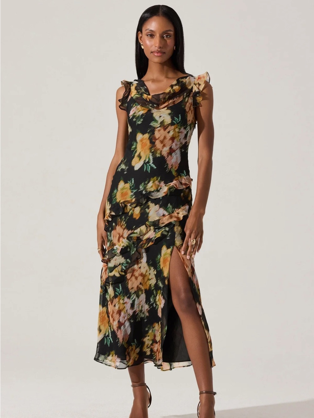 Alinta Floral Ruffle Cowl Neck Midi Dress